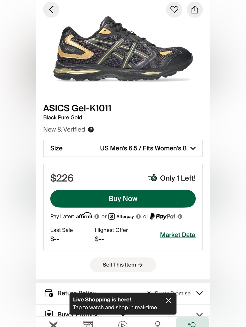 ASICS Gel-K1011 ‘Black Pure Gold’ NEW M6.5=W8 - Picture 8 of 8
